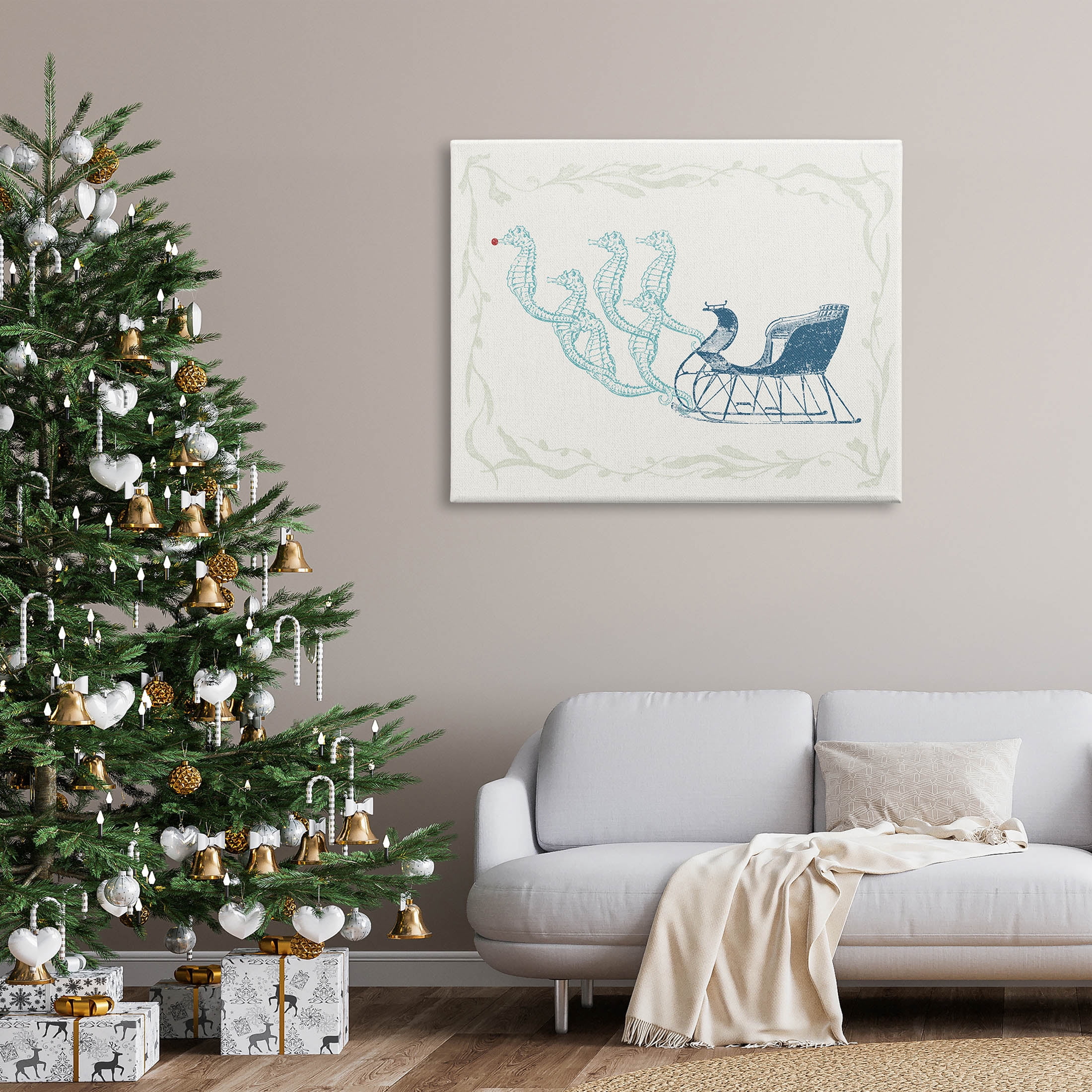 Seahorse Santa Sled Nautical Christmas Holiday Graphic Art Gallery Wrapped Canvas Print Wall Art