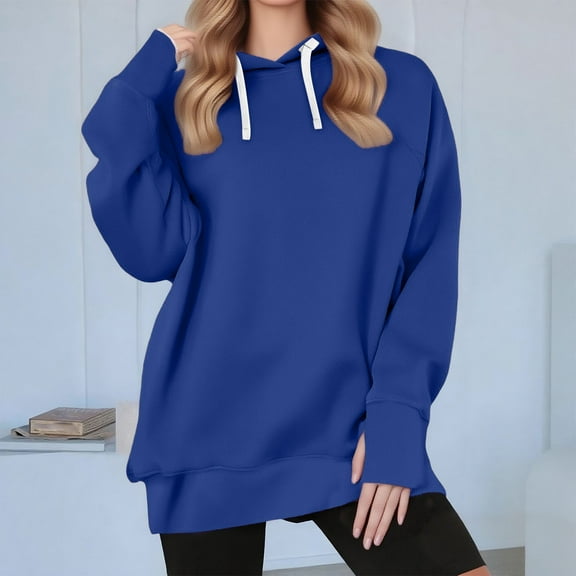 Qetyuw Oversized Hooded Sweatshirt for Women Thumb Holes Long Sleeve Pullovers Solid Color Casual Hoodies