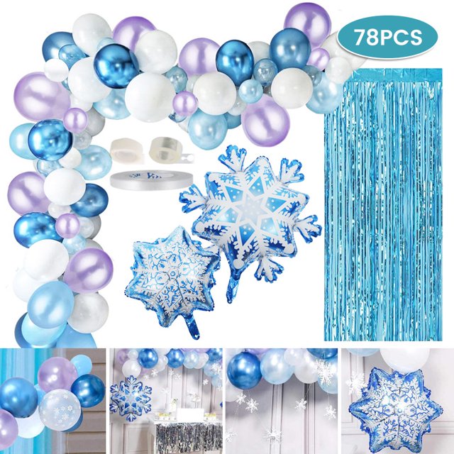 78PCS Blue Balloons Garland Arch Kit Purple Blue Snowflakes White Chrome Balloons Perfect For Christmas Birthdays & Baby Showers