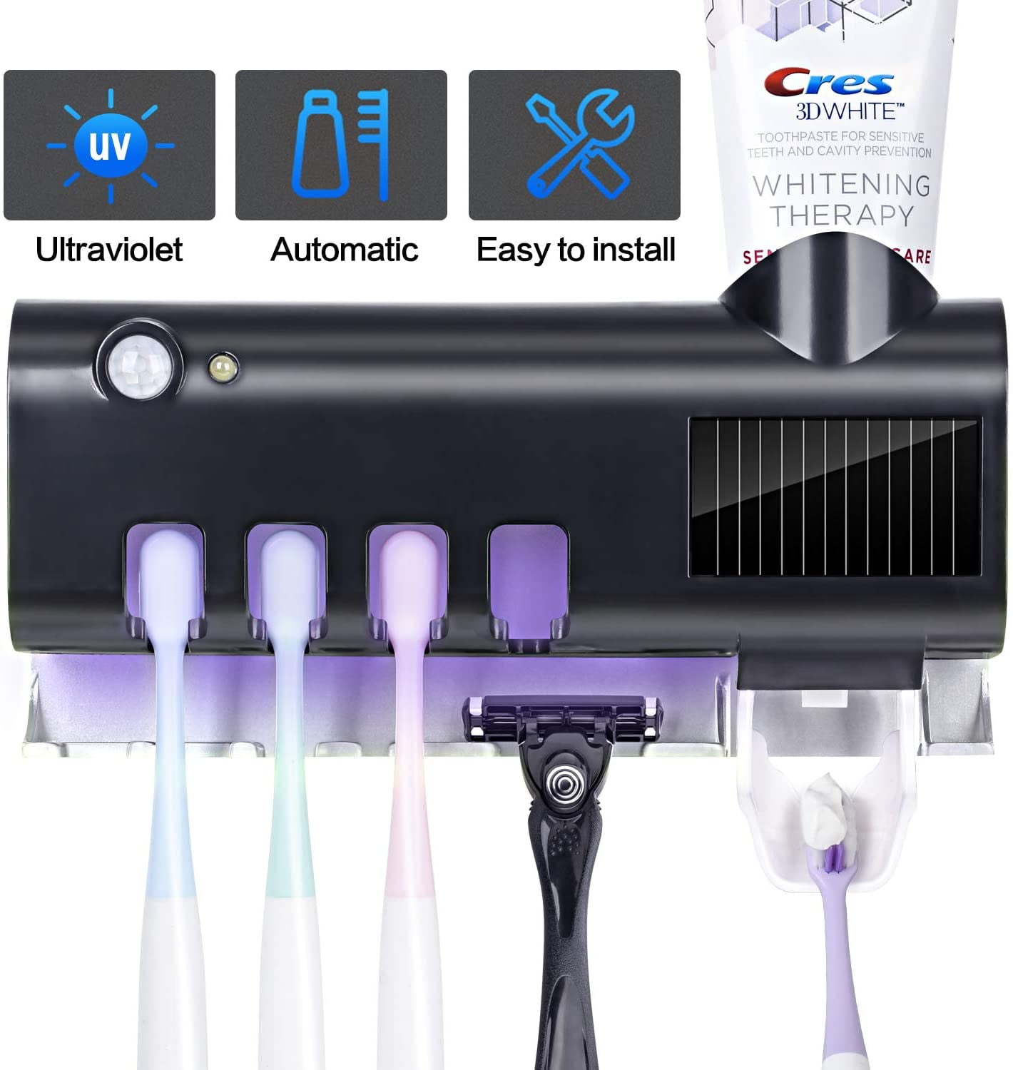 Automatic Toothpaste Dispenser with Wall-Mounted Toothbrush Holder UV Light Toothbrush,Bathroom Toothbrush Holder Wall Mounted, Toothbrush Organizer for Ladies Baby Family (Black)