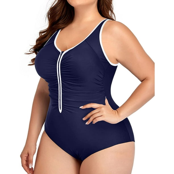 Women Plus Size One Piece Swimsuits Zip Front Bathing Suits