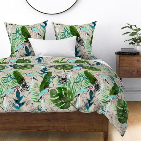 Emerald Forest Tropical Green Happy Bird Of Sateen Duvet Cover By