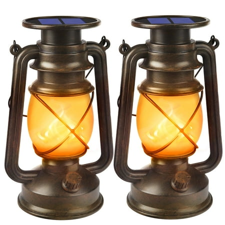Wondrastical Solar Powered AJH3 LED Lanterns Decorative Outdoor 2 Pack Bronze Vintage Lanterns with Dancing Flame Waterproof Solar Hanging Lights for Camping Patio Garden Yard Pathway Decor