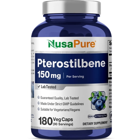 NusaPure 180 Veggie Caps of Pterostilbene 150mg: Non-GMO, Gluten-Free Dietary Supplement for Unisex Adult Health & Wellness