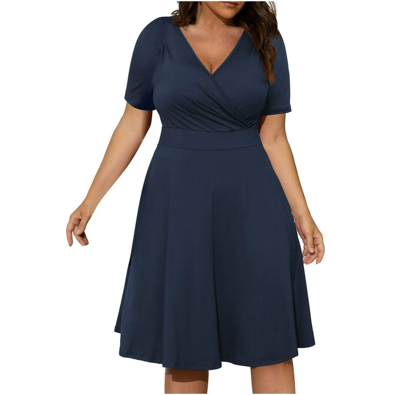 BEEYASO Clearance Summer Dresses for Women Solid V-Neck A-Line Knee Length  Fashion Short Sleeve Dress Blue 5XL 