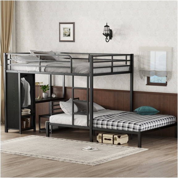 JERFIT Queen over Queen Bunk Bed with Wardrobe, Desk & Chair, All-in-One Space Saving Metal Loft Bed Frame, Black