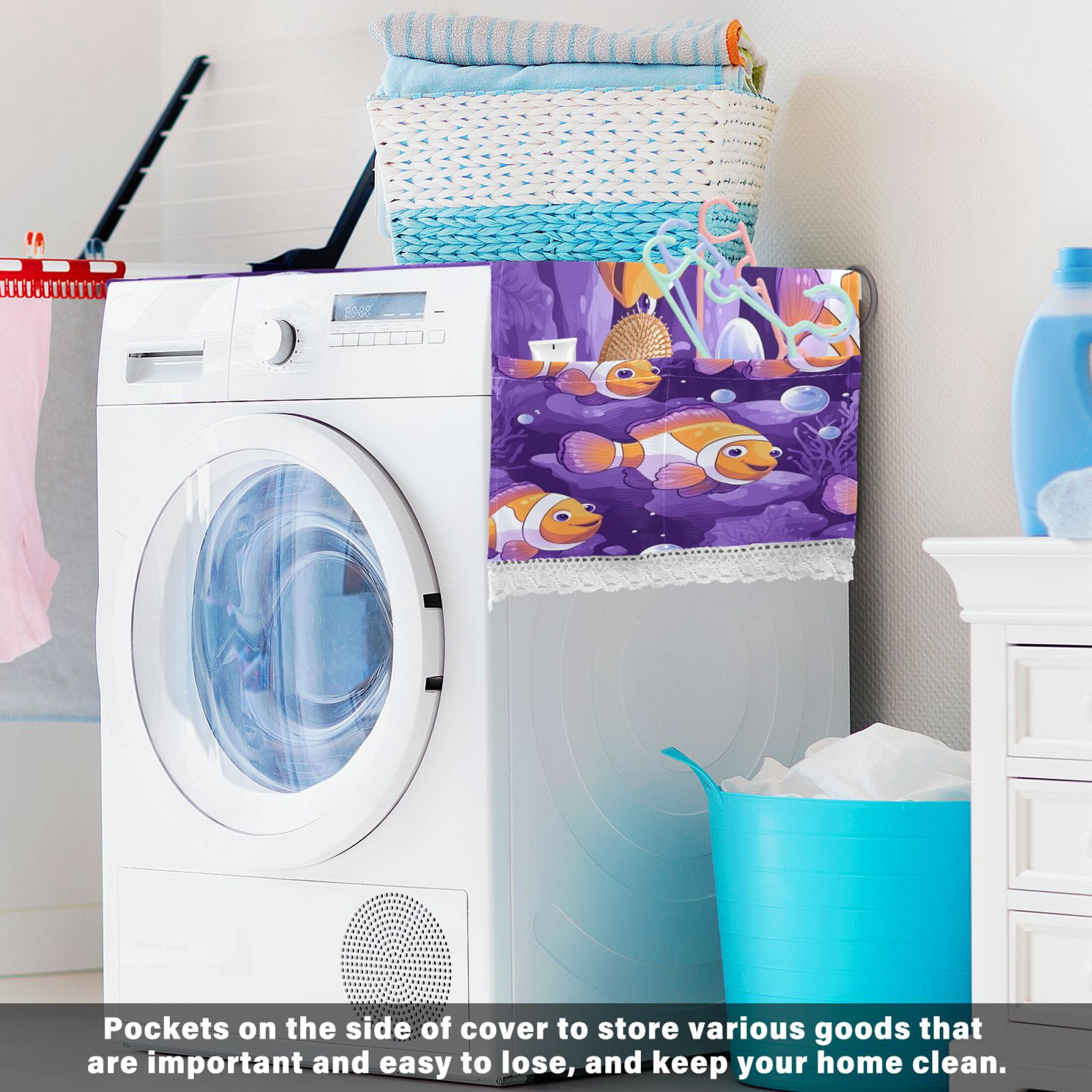 Washing Machine Cover 51.2x22in, Durable Polyester Dust Cover with Lace Trim and Side Pocket for Appliances Tropical Clownfish