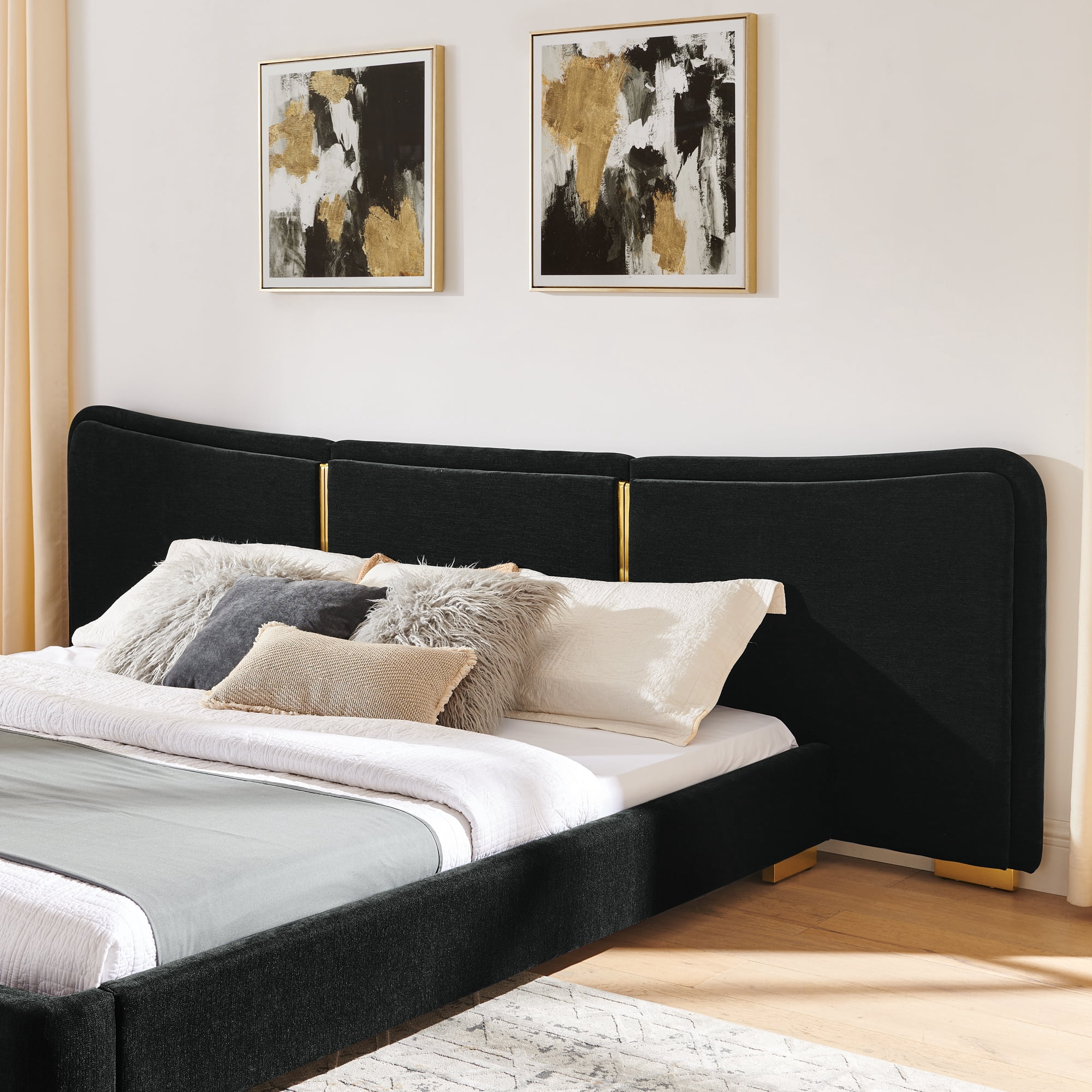 Queen Size Platform Bed with Extra Large Curved Headboard in Black