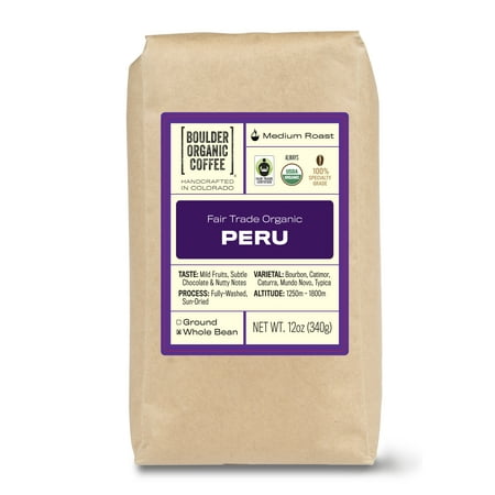 Boulder Organic Peru Organic & Fair Trade Single Origin Whole Bean Coffee, Medium Roast, 12 oz. Bag, Roast to Order