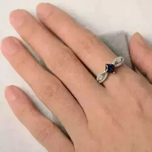 2.00CT Princess Cut Simulated Blue Sapphire Women's Wedding Ring in 14K White Gold Plated Silver