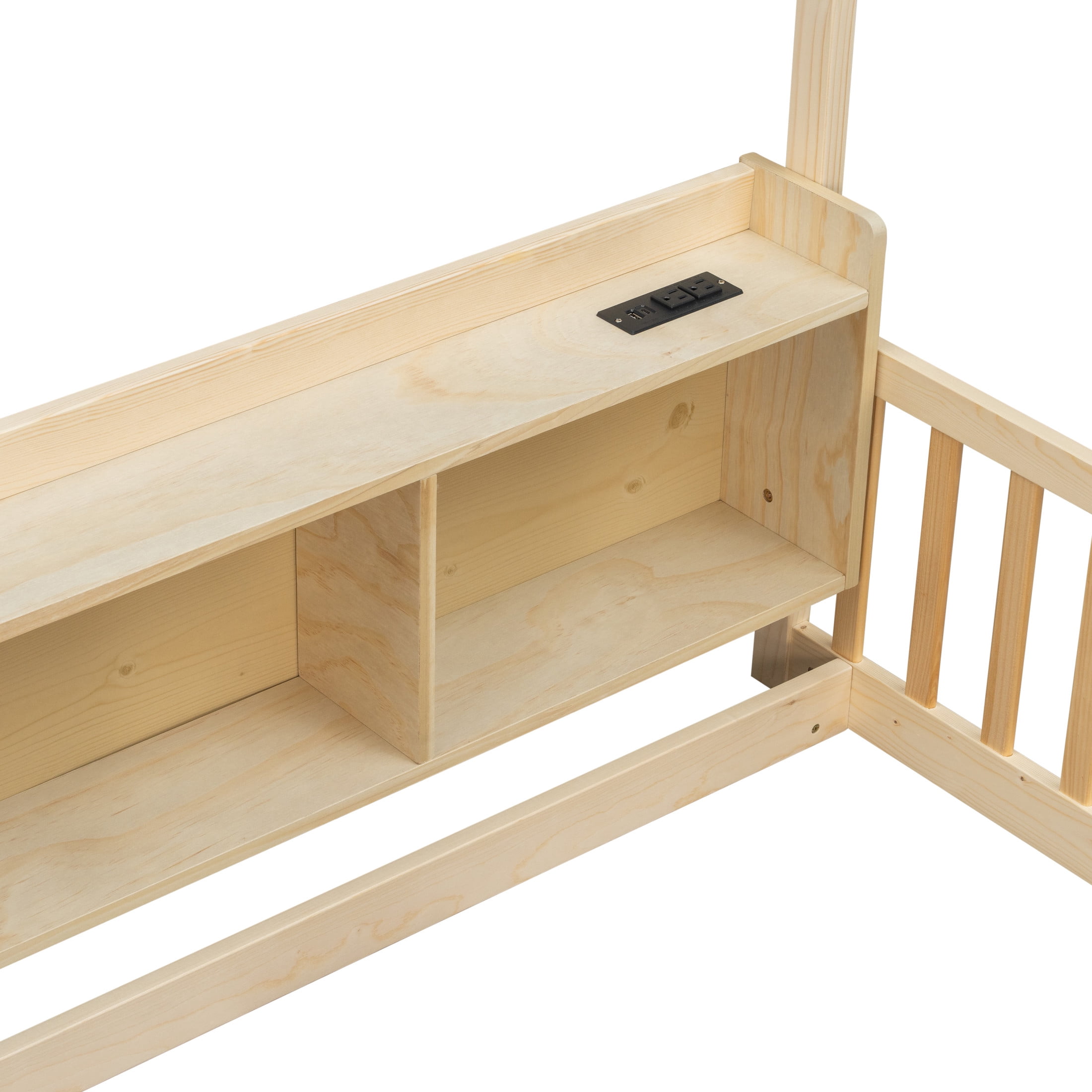Noble House Norra Full Size Pine Wooden House Floor Bed with Storage Shelves, LED Lights & Charging Station, Natural