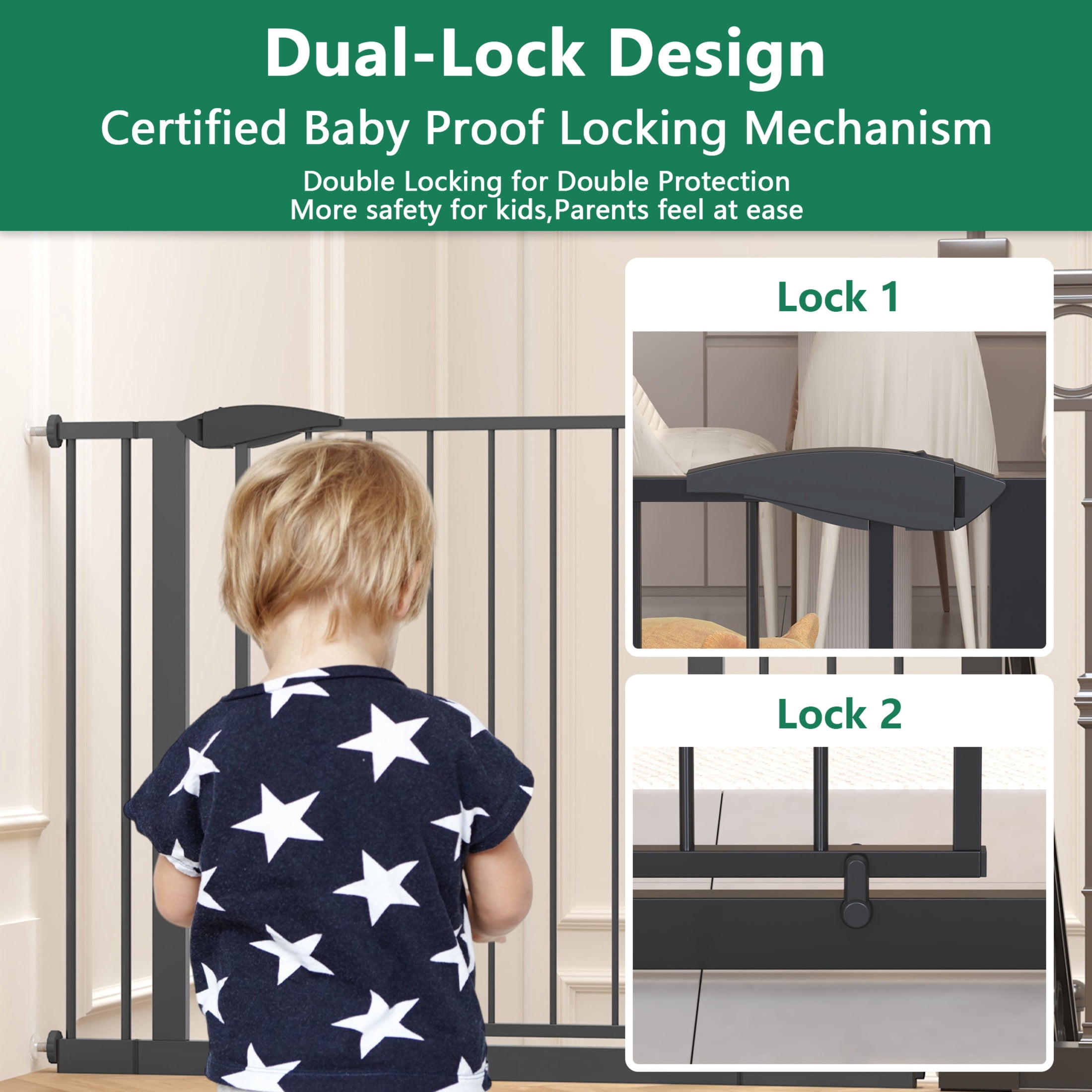 Noble House 45.3" Pressure Mounted Baby Gate for Stairs and Doorways, Steel Walk Through Safety Gate for Kids, Black