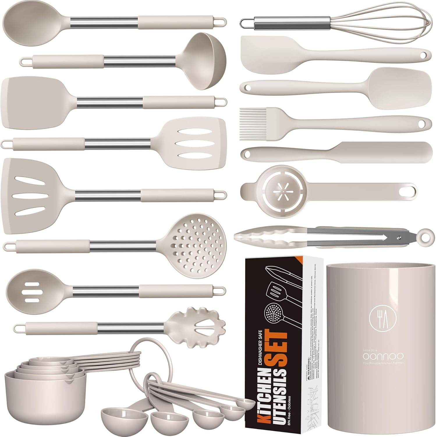 Large Silicone Cooking Utensils Set - Heat Resistant Kitchen Utensils,Turner Tongs,Spatula,Spoon,Brush,Whisk,Stainless Steel Silicone Cooking Tool for Nonstick Cookware,Dishwasher Safe (Khaki)