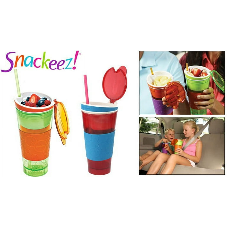 Snackeez Travel Snack & Drink Cup with Straw, Blue, 16 oz 