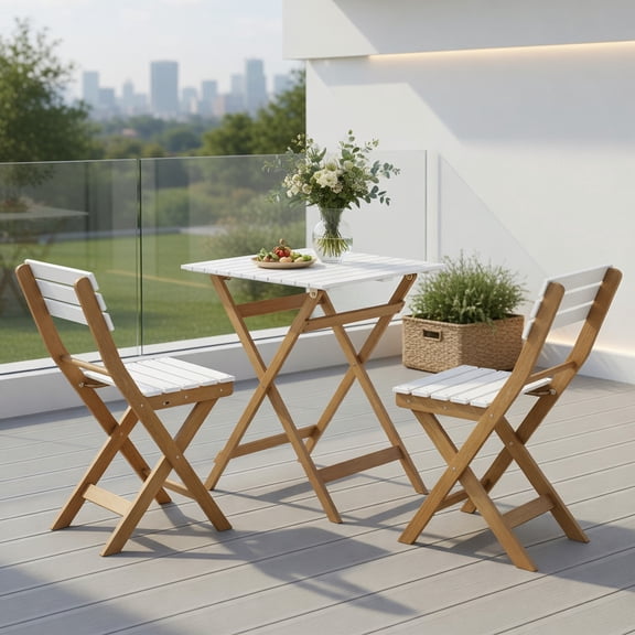 Kadyn 3-Piece Foldable Acacia Wood Patio Bistro Set – Natural & White Outdoor Chairs Square Table for Porch, Garden, Balcony – No Assembly Required