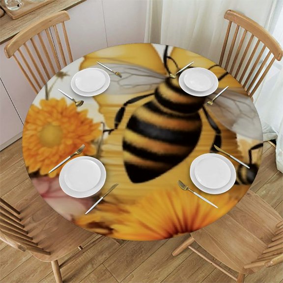 Bee Gnome Table Cloth, Round Tablecloth Waterproof Table Cover Fitted Tablecloth with Elastic Edge Table Covers