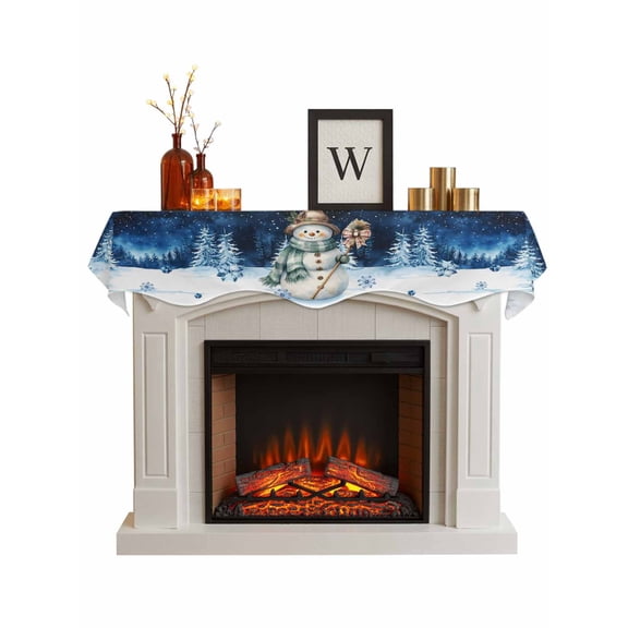 Blue Christmas Snowman Fireplace Mantle Scarf, Winter Xmas Tree Snowflakes Mantel Cover Table Runner for Home Living Room Door Window, Indoor Outdoor Holiday Party Decor 17" x 70"