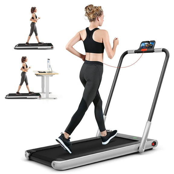 Costway Up To 7.5MPH 2.25HP 2-in-1 Folding Under Desk Treadmill W/Speaker Controller APP, Single Display Screen Silver