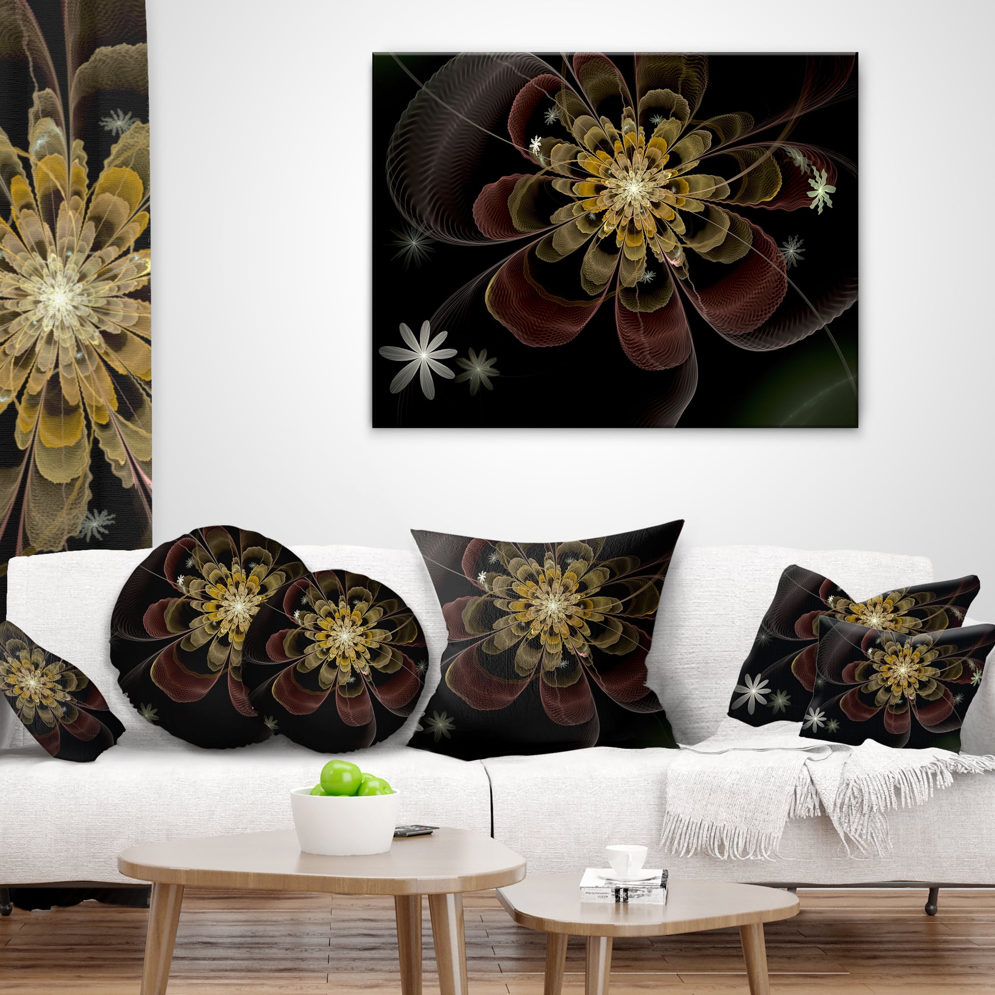 Designart Brown Fractal Flower with Silver stars - Floral Throw Pillow - 16x16