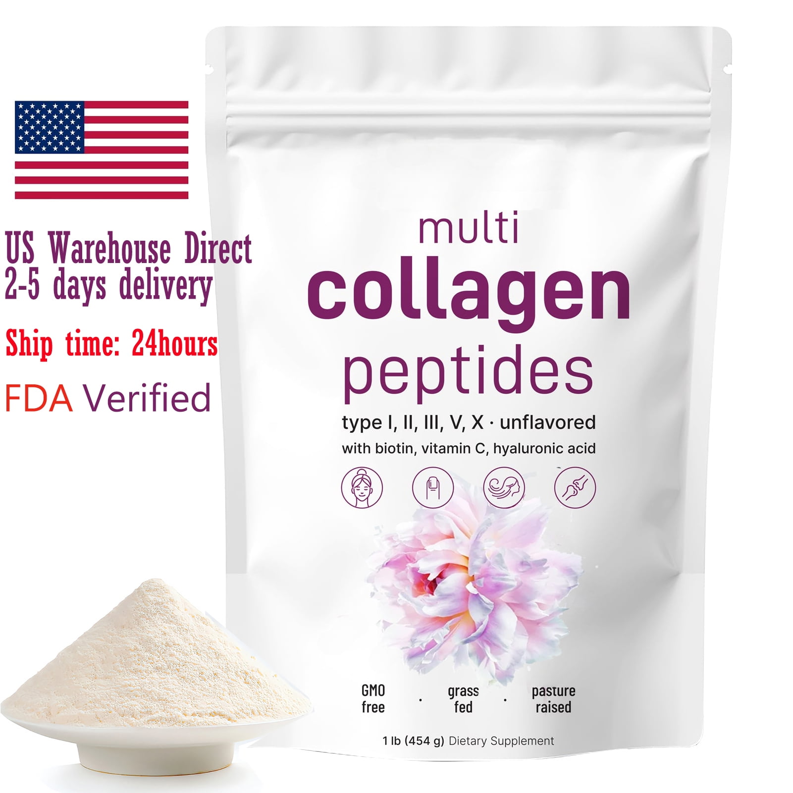 Multi Collagen Peptides Powder, Hydrolyzed Protein Peptides Type I,II,III,V,X with Hyaluronic Acid, Biotin & Vitamin C -Mix in Drinks