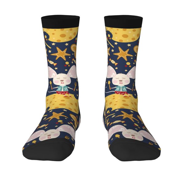 Uemuo Mouse Cheese Pattern Women's Crew Socks, Soft Durable Breathable Moisture-Wicking with Odor Control Cotton socks