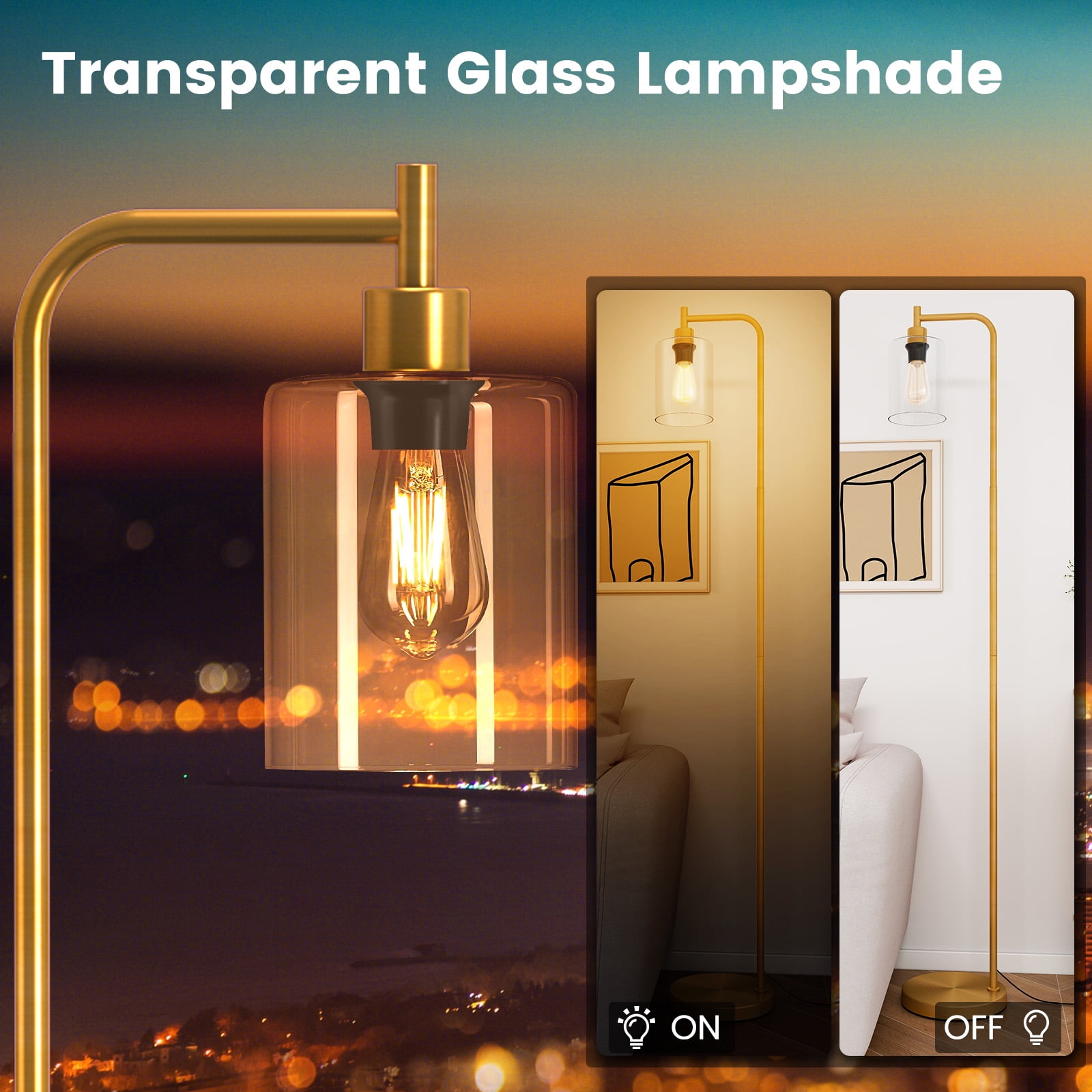 Giantex Industrial Standing Floor Lamp, Modern Reading Lamp w/Clear Glass Lampshade & Foot Switch, Tall Pole Lamp, Gold
