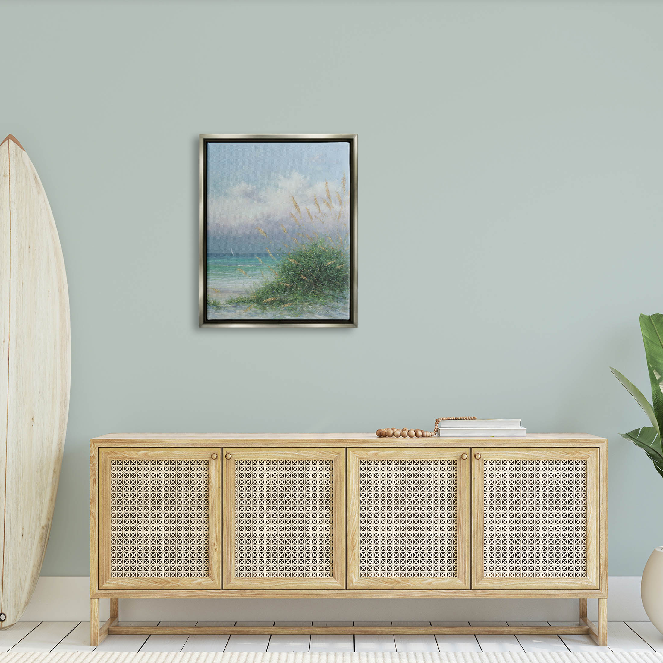 Ocean Waves Beach Reeds Coastal Painting Luster Gray Framed Art Print Wall Art