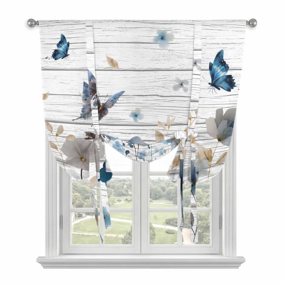 Watercolor Floral Balloon Curtains 63 Inch Length for Living Room/Bedroom, Blue Flowers Butterflies Spring Wood Grain Rod Pocket Privacy Door Curtains Decorative Tie Up Shade for Window 52"x63"