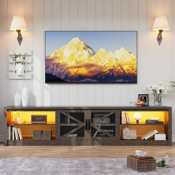 Lumiinofami TV Consoles for Living Room, Farmhouse Barn Door LED TV Stand for TVs up to 90", TV Entertainment Center with Storage, Oak Gray