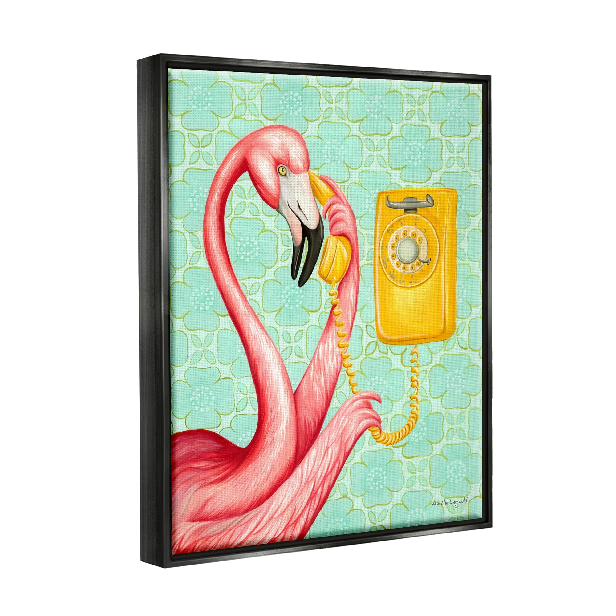 Stupell Industries Flamingo Using Retro Telephone Patterned Flower Motif Graphic Art Metallic Gold Floating Framed Canvas Print Wall Art, Design by Amelie Legault