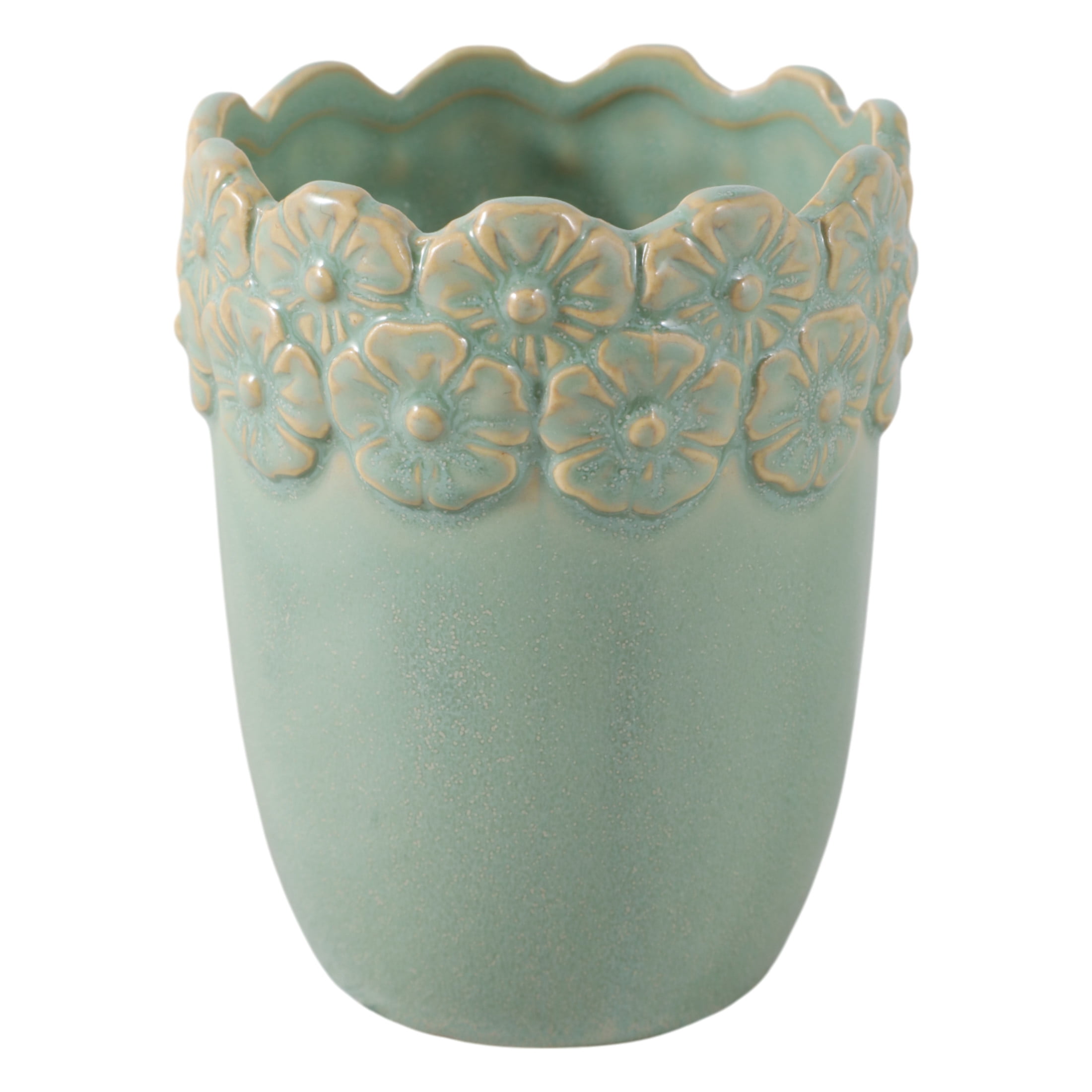 Flower and Scallop Border Ceramic Desk Organizer - Cute Desktop and Office Storage Organizer for Workspace Decor - Functional Small Desk Holder for Office Accessory and Home Decor - 4", Green