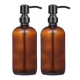 thumbnail image 1 of Paquete de 2 botellas de vidrio redondas Boston de 16 onzas, dispensador de jabón con bombas de acero inoxidable de bronce aceitado, 1 of 4
