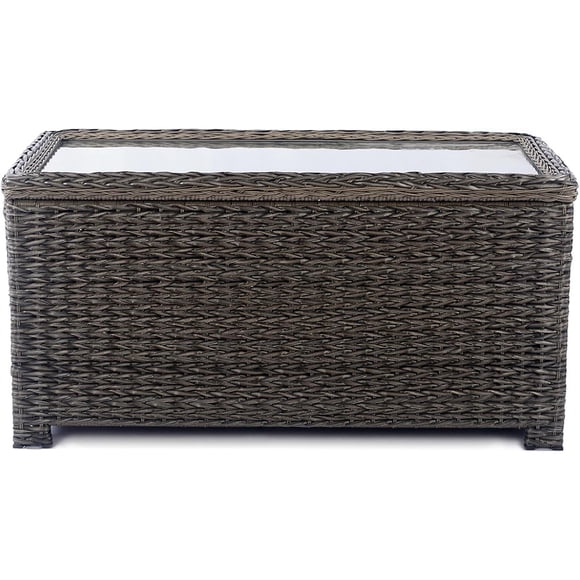 Krikacy Patio Wicker Side Table Outdoor Coffee Table Rattan Patio Table with Tempered Glass Top for Yard, Garden, Backyard,40" x 22" x 19",Brown