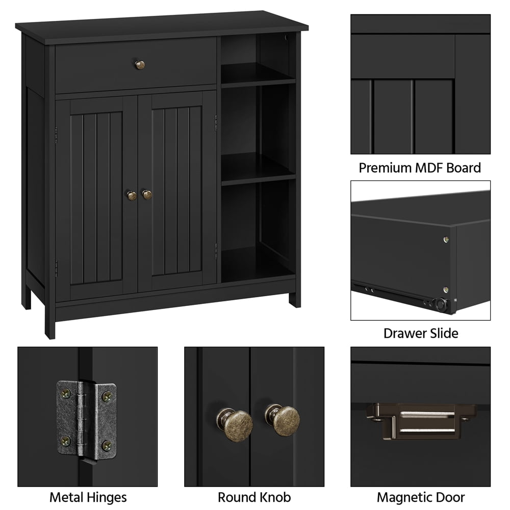 Yaheetech Modern Wooden Bathroom Storage Cabinet with 3 Open Shelves & Drawer, Black