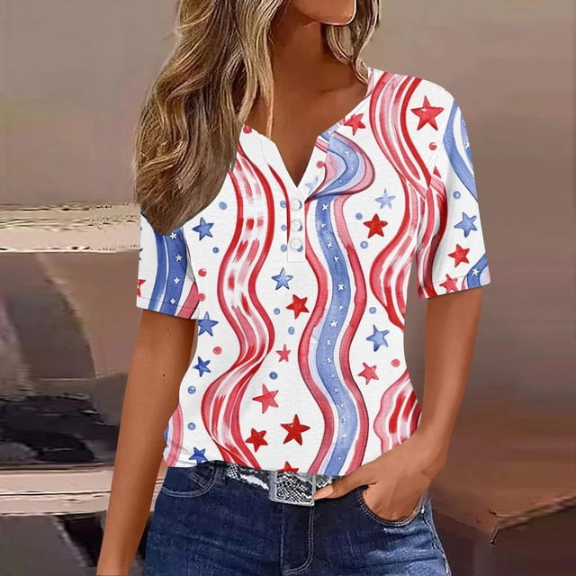 Xdegoge Chemises du 4 Juillet pour Femmes, Vêtements de Travail 2024 Blouses Professionnelles Décontractées, Hauts Grande Taille pour Femmes Été Coton, Chemises Rouges Blanches et Bleues Aguichant, Mon Historique de Compte, Playeras de Mujer, 3X