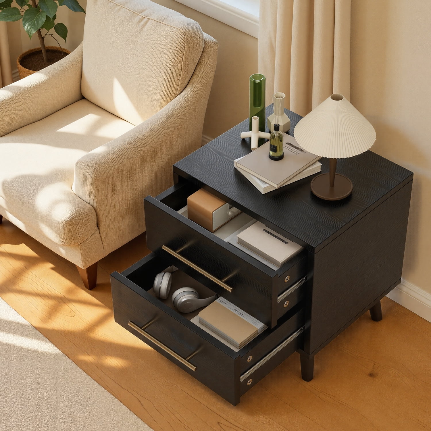 Aiho 2 Drawer Wood Dressers, Wide Chest of Drawers with Gold Handles for Living Room , Black