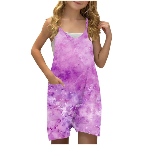 FAHXNVB Girls Romper Hearts Print Sleeveless V Neck Jumpsuit Short Outfits with Pocket Summer One Piece Casual Fashion Clothes 5-14 Years