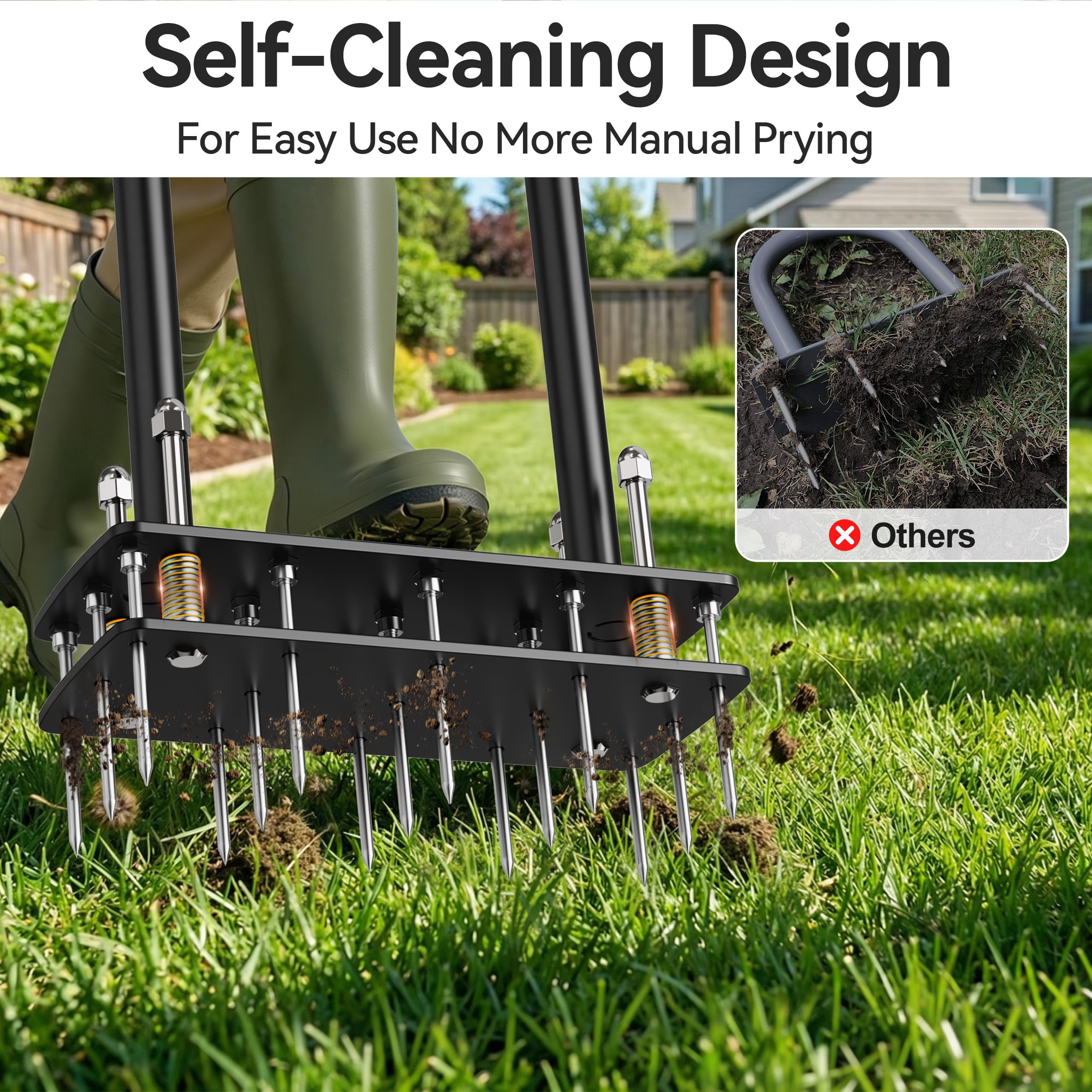 Knee-friendly Manual Lawn Aerator Tool - 15 Heavy-duty Steel Spikes Spring-loaded Auto-clean Design  Pre-assembled For Soil Loosening & Garden/yard Aeration