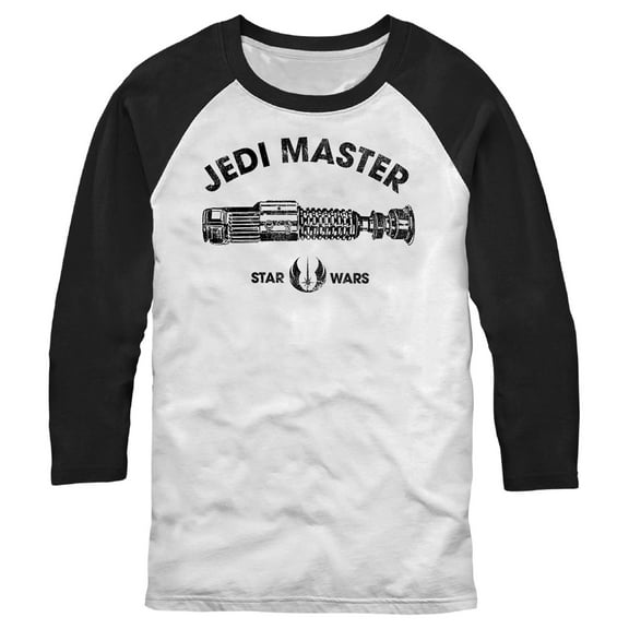 Men's Star Wars Distressed Jedi Master Lightsaber Baseball Graphic Tee White/Black Large