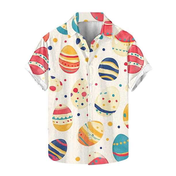 Blusas y camisas de manga corta con cuello en V Camisa estampada de Pascua para hombre Camisa abotonada Top de poliéster para hombre
