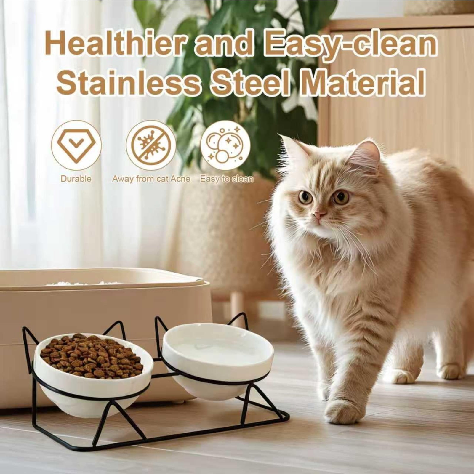 15° Raised Ceramic Cat Bowls, Anti-Vomiting Tilted Double Bowls with Absorbent Waterproof Pet Feeding Mat