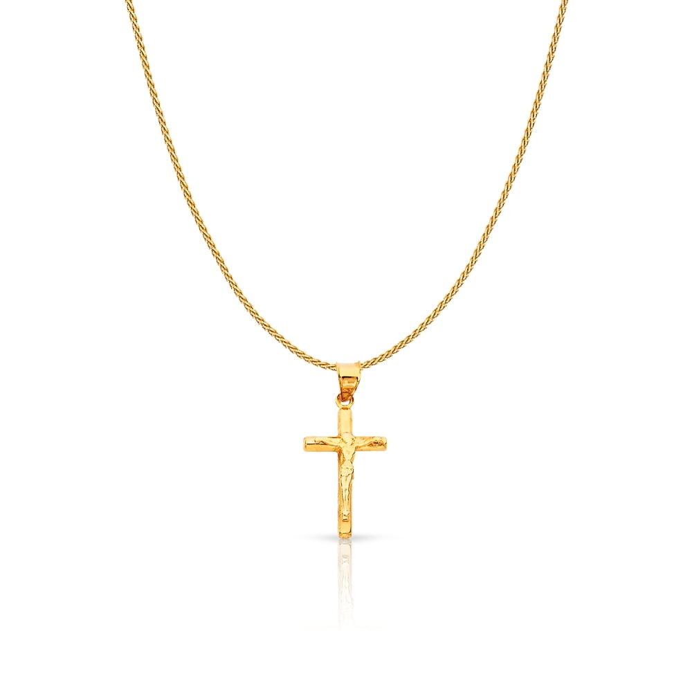 14K Two Tone Gold Crucifix Charm Pendant with 0.9mm Wheat Chain Necklace