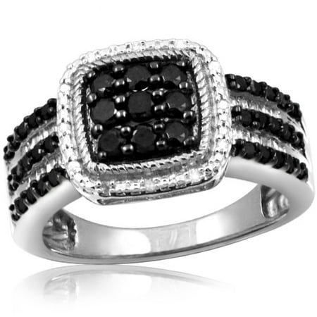 JewelersClub 1.00 CTW Round & Baguette cut Black & White Diamond Square Sterling Silver Ring