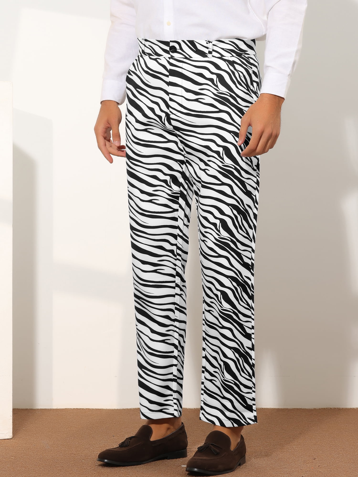 Unique Bargains Men's Animal Printed Dress Pants Regular Fit Pattern Trousers 36 Black White