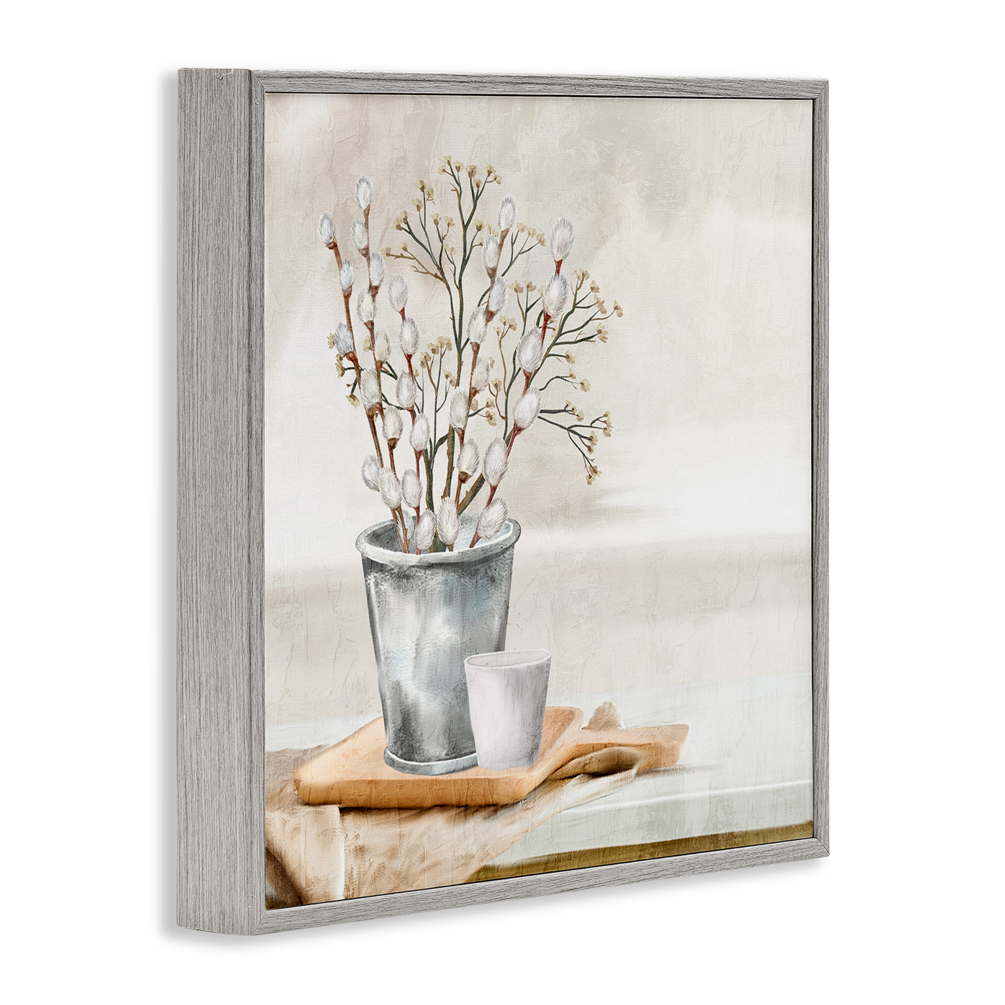 Stupell Industries Pussy Willow Still Life Botanical & Floral Painting Gray Framed Art Print Wall Art, 24 x 24