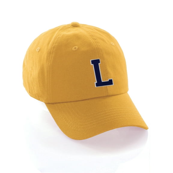 Customized Letter Intial Baseball Hat A to Z Team Colors, Gold Cap White Navy
