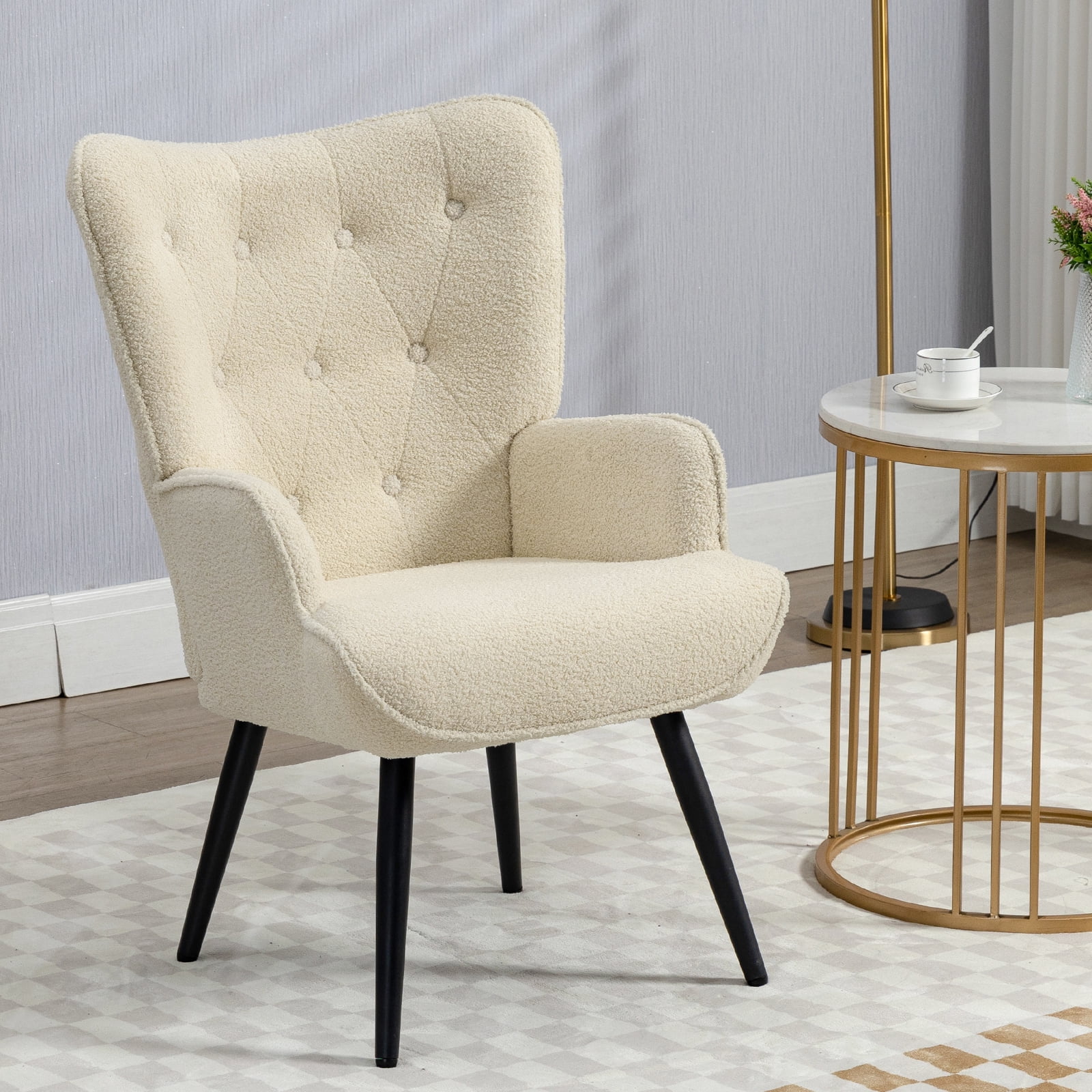 Furniliving Boucle Accent Chair, Set Of 2 - High Back Tufted Wingback Armchair For Living Room, Black