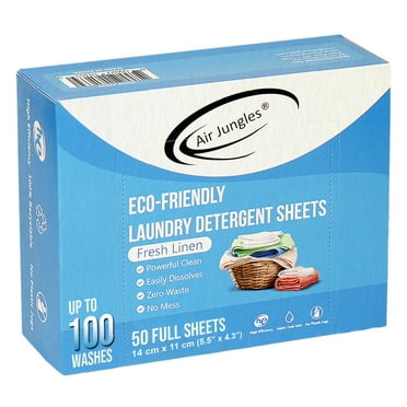 Air Jungles Laundry Detergent Sheets 50 Sheets, Fresh Linen Scent, Up to 100 Washes, Eco-Friendly, Easy to Use, Zero Waste Solution, Lightweight, Powerful Cleaning - Ideal for Home and Travel