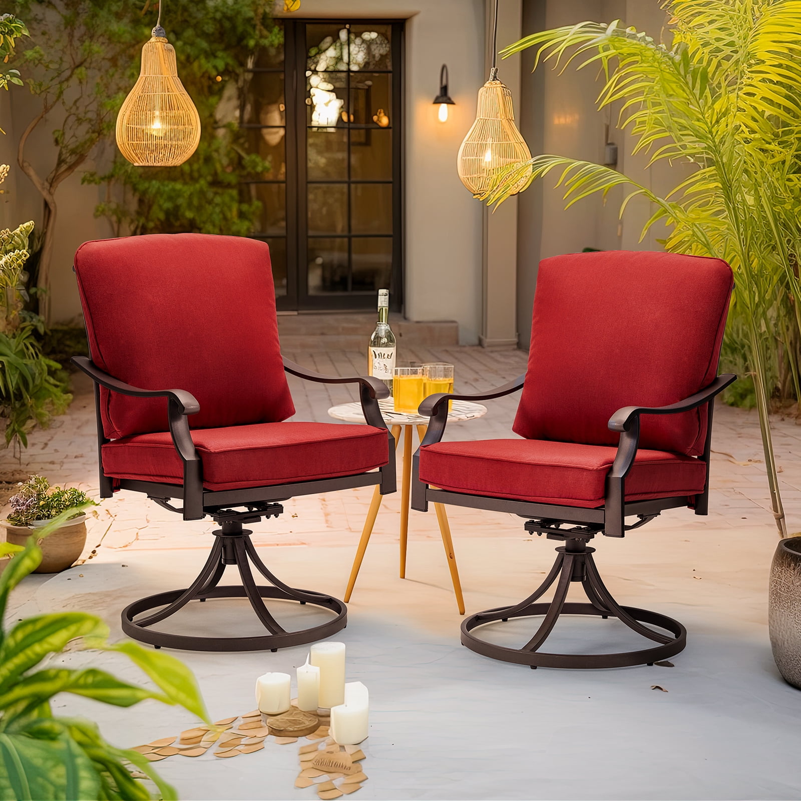 MELLCOM Patio Swivel Chair Set of 2, Heavy Duty Outdoor Dining Chairs with Thickened Cushions, Metal Patio Chairs Gentle Rocker for Outside, Garden Lawn & Porch, Backyard, Red