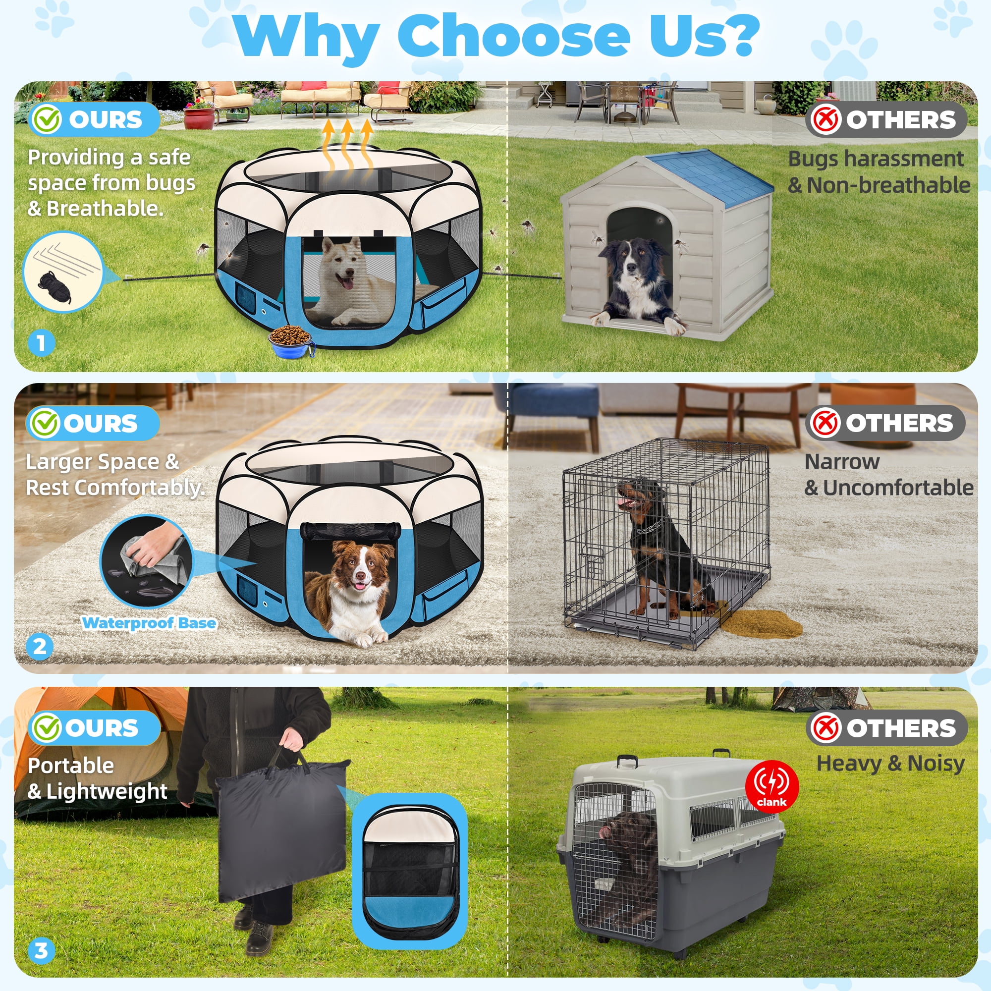 Large Pet Playpen for Dogs & Cats,45"/ 114CM Diameter 23"/60CM Height Pet Playpens Foldable Portable Indoor Outdoor Exercise Pen with Carrying Case for Cat Puppy Rabbit, Blue